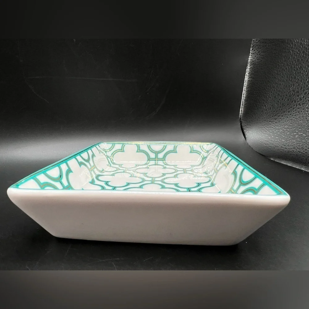 I. Godinger & Co. Trinket Jewelry Dish Tray Rectangle White W/ Teal & Gold